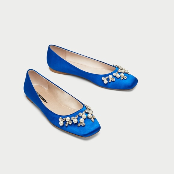 Zara Bejewelled Blue Satin Ballerinas US 6 EU 37 NWT - Picture 2 of 5